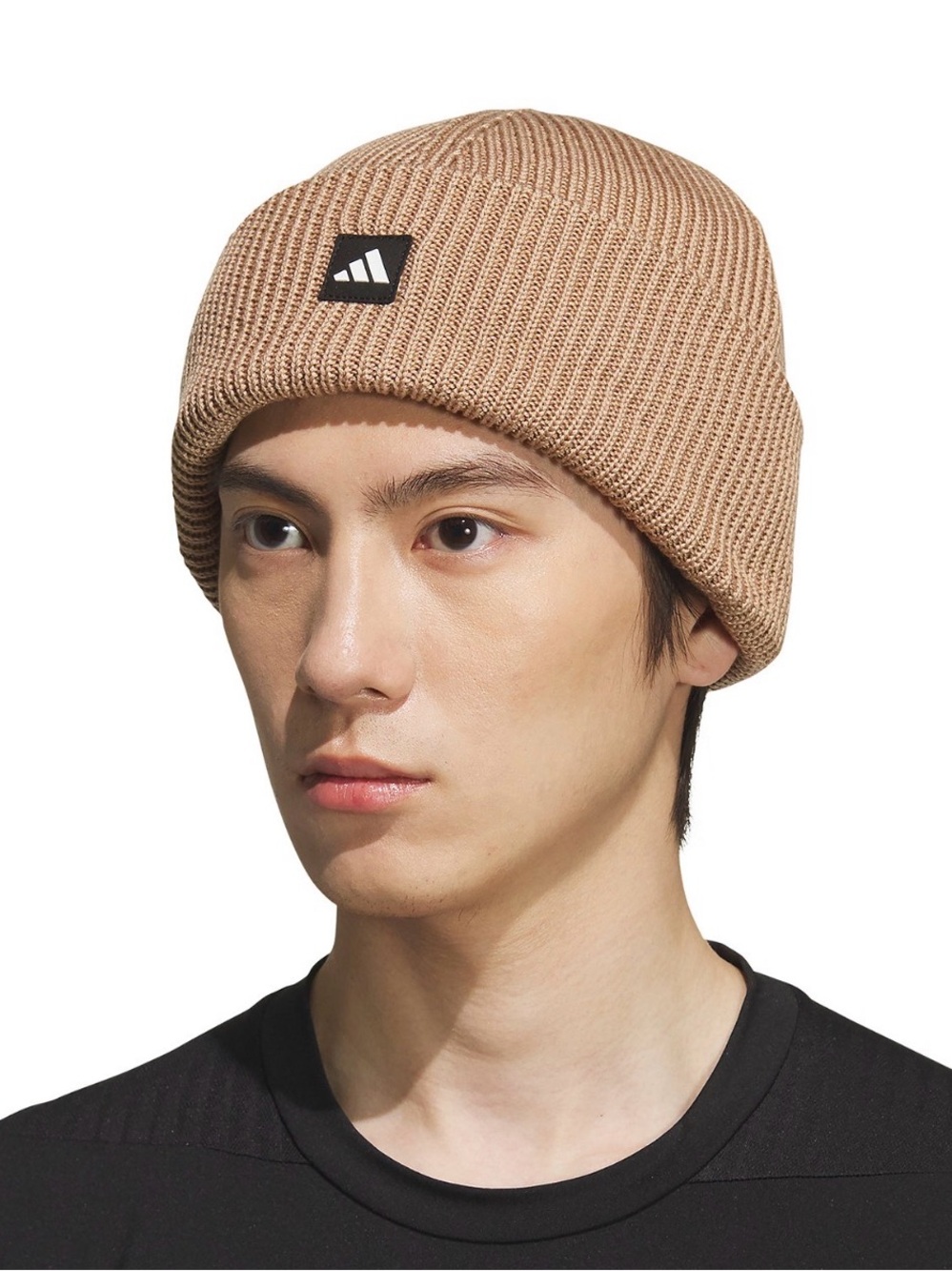 adidas Folded Cuff Ribbed Beanie in Beige